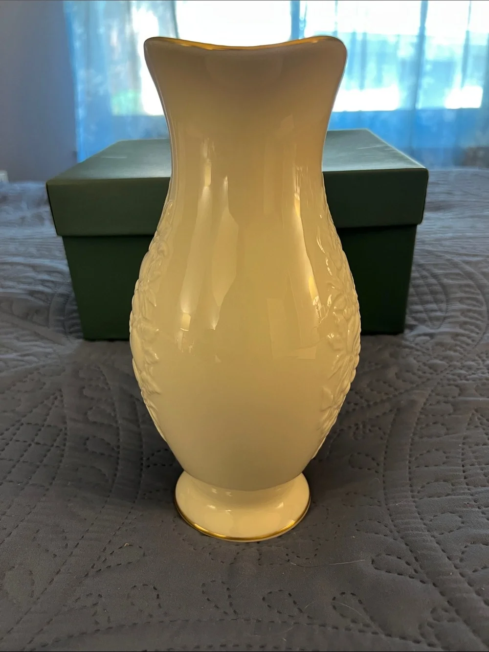 Lenox White Porcelain Pitcher with Gold Trim and Embossed Fruit Motif